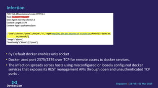 Singapore | 28 Feb - 01 Mar 2019
Infection
• By Default docker enables unix socket .
• Docker used port 2375/2376 over TCP for remote access to docker services.
• The infection spreads across hosts using misconfigured or loosely configured docker
services that exposes its REST management APIs through open and unauthenticated TCP
ports .
 