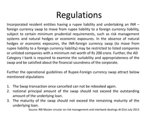 Regulations 
Incorporated resident entities having a rupee liability and undertaking an INR – 
foreign currency swap to move from rupee liability to a foreign currency liability, 
subject to certain minimum prudential requirements, such as risk management 
systems and natural hedges or economic exposures. In the absence of natural 
hedges or economic exposures, the INR-foreign currency swap (to move from 
rupee liability to a foreign currency liability) may be restricted to listed companies 
or unlisted companies with a minimum net worth of Rs 200 crore. Further, the AD 
Category I bank is required to examine the suitability and appropriateness of the 
swap and be satisfied about the financial soundness of the corporate. 
Further the operational guidelines of Rupee-Foreign currency swap attract below 
mentioned stipulations 
1. The Swap transaction once cancelled can not be rebooked again. 
2. notional principal amount of the swap should not exceed the outstanding 
amount of the underlying loan. 
3. The maturity of the swap should not exceed the remaining maturity of the 
underlying loan. 
Source: RBI Master circular on risk management and interbank dealings dt 01st July 2013 
 