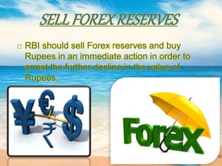 SELLFOREXRESERVES
 RBI should sell Forex reserves and buy
Rupees in an immediate action in order to
arrest the further decline in the value of
Rupees.
 