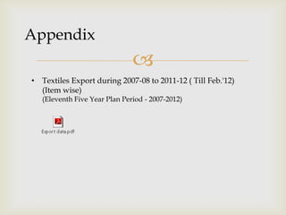 
• Textiles Export during 2007-08 to 2011-12 ( Till Feb.'12)
(Item wise)
(Eleventh Five Year Plan Period - 2007-2012)
Appendix
 
