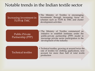 
Notable trends in the Indian textile sector
• The Ministry of Textiles is encouraging
investments through increasing focus on
schemes such as TUFS & TMC and cluster
development activities
Increasing investment in
TUFS & TMC
• The Ministry of Textiles commenced an
initiative to establish institutes under the
public-private partnership (PPP) model to
encourage private sector participation in the
development of the industry
Public-Private
Partnership (PPP)
Technical textiles
• Technical textiles, growing at around twice the
rate of textiles for clothing applications, now
account for more than half of total textile
production
 