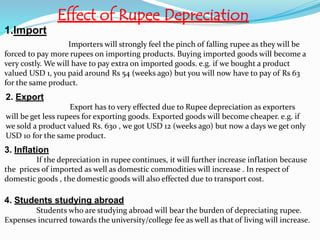 Effect of Rupee Depreciation
1.Import
Importers will strongly feel the pinch of falling rupee as they will be
forced to pay more rupees on importing products. Buying imported goods will become a
very costly. We will have to pay extra on imported goods. e.g. if we bought a product
valued USD 1, you paid around Rs 54 (weeks ago) but you will now have to pay of Rs 63
for the same product.
2. Export
Export has to very effected due to Rupee depreciation as exporters
will be get less rupees for exporting goods. Exported goods will become cheaper. e.g. if
we sold a product valued Rs. 630 , we got USD 12 (weeks ago) but now a days we get only
USD 10 for the same product.
3. Inflation
If the depreciation in rupee continues, it will further increase inflation because
the prices of imported as well as domestic commodities will increase . In respect of
domestic goods , the domestic goods will also effected due to transport cost.
4. Students studying abroad
Students who are studying abroad will bear the burden of depreciating rupee.
Expenses incurred towards the university/college fee as well as that of living will increase.
 