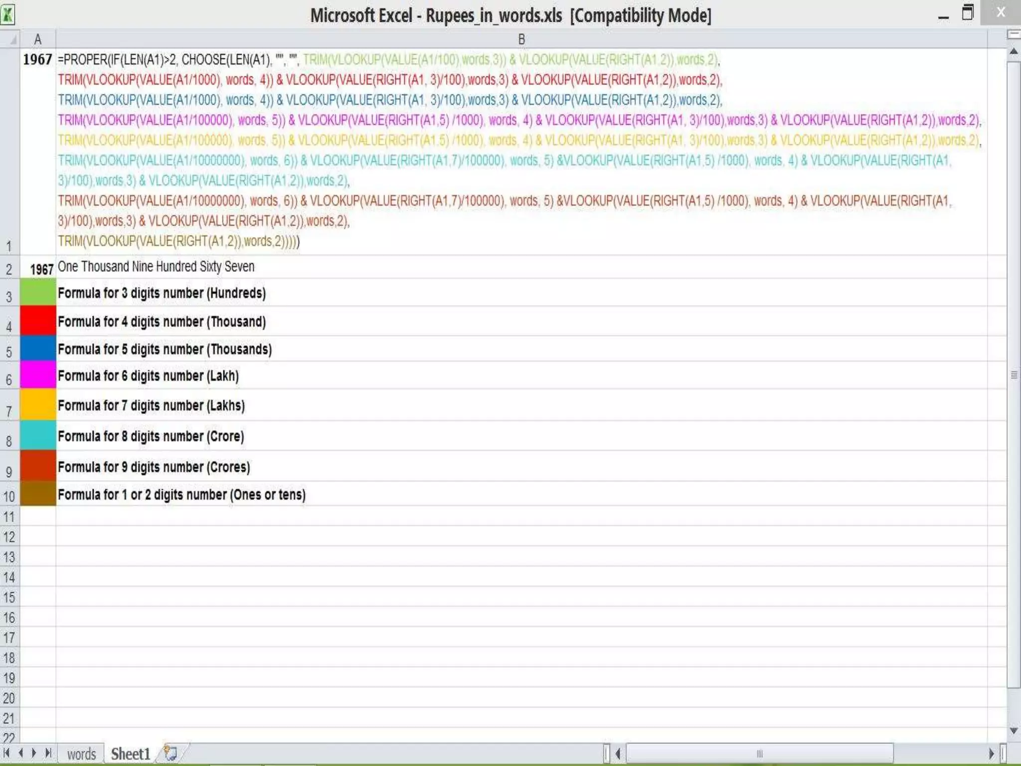 Excel formula for rupees in words