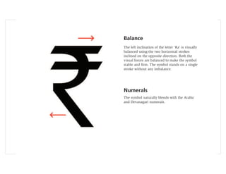 Balance
The left inclination of the letter ‘Ra’ is visually
balanced using the two horizontal strokes
inclined on the opposite direction. Both the
visual forces are balanced to make the symbol
stable and ﬁrm. The symbol stands on a single
stroke without any imbalance.




Numerals
The symbol naturally blends with the Arabic
and Devanagari numerals.
 