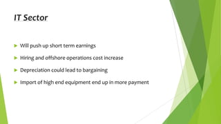 IT Sector


Will push up short term earnings



Hiring and offshore operations cost increase



Depreciation could lead to bargaining



Import of high end equipment end up in more payment

 