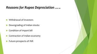 Reasons for Rupee Depreciation …..



Withdrawal of investors



Downgrading of Indian stocks



Condition of import bill



Contraction of Indian economy



Future prospects of INR

 