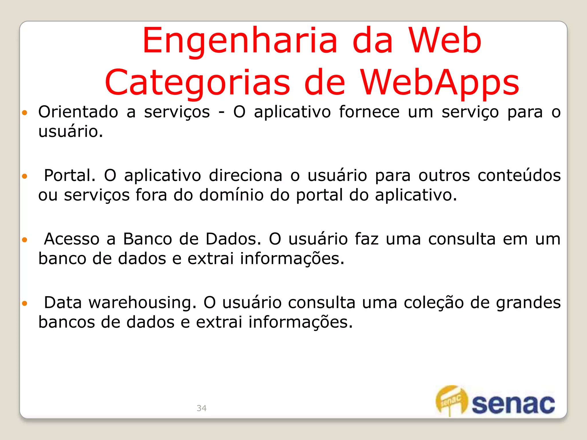 26Engenharia Tradicional X Engenharia da WebTradição X experiênciaEvolução Tecnológica Para softwares convencionais estão um pouco mais estáveisAPIs para interfaces gráficasBanco de dados mais relacionais com sqlBrowser, Servidores, HTML, XML, ASP, PHP, ....