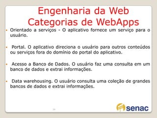 26Engenharia Tradicional X Engenharia da WebTradição X experiênciaEvolução Tecnológica Para softwares convencionais estão um pouco mais estáveisAPIs para interfaces gráficasBanco de dados mais relacionais com sqlBrowser, Servidores, HTML, XML, ASP, PHP, ....