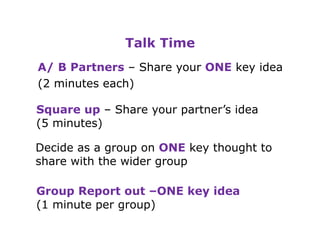 Talk Time
A/ B Partners – Share your ONE key idea
(2 minutes each)
Square up – Share your partner’s idea
(5 minutes)
Decide as a group on ONE key thought to
share with the wider group
Group Report out –ONE key idea
(1 minute per group)

 