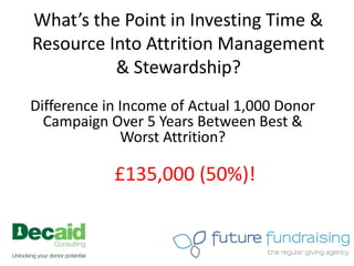 What’s the Point in Investing Time &
Resource Into Attrition Management
          & Stewardship?
Difference in Income of Actual 1,000 Donor
  Campaign Over 5 Years Between Best &
              Worst Attrition?

            £135,000 (50%)!
 