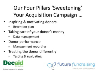 Our Four Pillars ‘Sweetening’
      Your Acquisition Campaign …
• Inspiring & motivating donors
  •   Retention plan
• Taking care of your donor’s money
  •   Data management
• Donor performance
  •   Management reporting
• Treating the donor differently
  •   Testing & evaluating
 