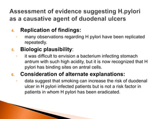 4. Replication of findings: 
◦ many observations regarding H pylori have been replicated 
repeatedly. 
5. Biologic plausibility: 
◦ it was difficult to envision a bacterium infecting stomach 
antrum with such high acidity, but it is now recognized that H 
pylori has binding sites on antral cells. 
6. Consideration of alternate explanations: 
◦ data suggest that smoking can increase the risk of duodenal 
ulcer in H pylori infected patients but is not a risk factor in 
patients in whom H pylori has been eradicated. 
 