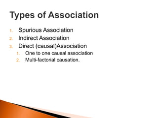 1. Spurious Association 
2. Indirect Association 
3. Direct (causal)Association 
1. One to one causal association 
2. Multi-factorial causation. 
 