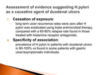 7. Cessation of exposure: 
◦ long term ulcer recurrence rates were zero after H 
pylori was eradicated using triple antimicrobial therapy, 
compared with a 60-80% relapse rate found in those 
treated with histamine receptor antagonists. 
8. Specificity of association: 
◦ prevalence of H pylori in patients with duodenal ulcers 
in 90-100% vs found in some patients with gastric 
ulcer/asymptomatic individuals. 
 