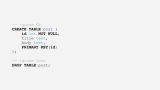 -- +goose Up
CREATE TABLE post (
id int NOT NULL,
title text,
body text,
PRIMARY KEY(id)
);
-- +goose Down
DROP TABLE post;
 