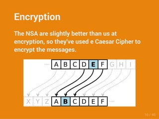 Encryption 
The NSA are slightly better than us at 
encryption, so they've used e Caesar Cipher to 
encrypt the messages. 
16 / 46 
 