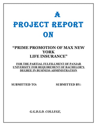 A
PROJECT REPORT
      ON
“PRIME PROMOTION OF MAX NEW
             YORK
       LIFE INSURANCE”
  FOR THE PARTIAL FULFILLMENT OF PANJAB
UNIVERSITY FOR REQUIREMENT OF BACHELOR’S
    DEGREE IN BUSINESS ADMINISTRATION



SUBMITTED TO:           SUBMITTED BY:




         G.G.D.S.D. COLLEGE,
 