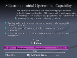 Milestone : Initial Operational Capability ,[object Object],[object Object],[object Object],time Inception Elaboration Construction Transition Major  Milestones The Construction phase ends with an important project milestone, the Initial Operational Capability Milestone, which is used to determine whether the product is ready to be deployed into a beta test environment  by answering (among others) the following questions  