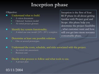 Inception phase <ul><li>Objective: </li></ul><ul><li>Understand what to build.   </li></ul><ul><ul><li>A vision document: ...