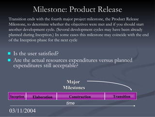 Milestone: Product Release <ul><li>Is the user satisfied? </li></ul><ul><li>Are the actual resources expenditures versus p...