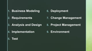 z
1. Business Modeling
2. Requirements
3. Analysis and Design
4. Implementation
5. Test
6. Deployment
7. Change Management
8. Project Management
9. Environment
 