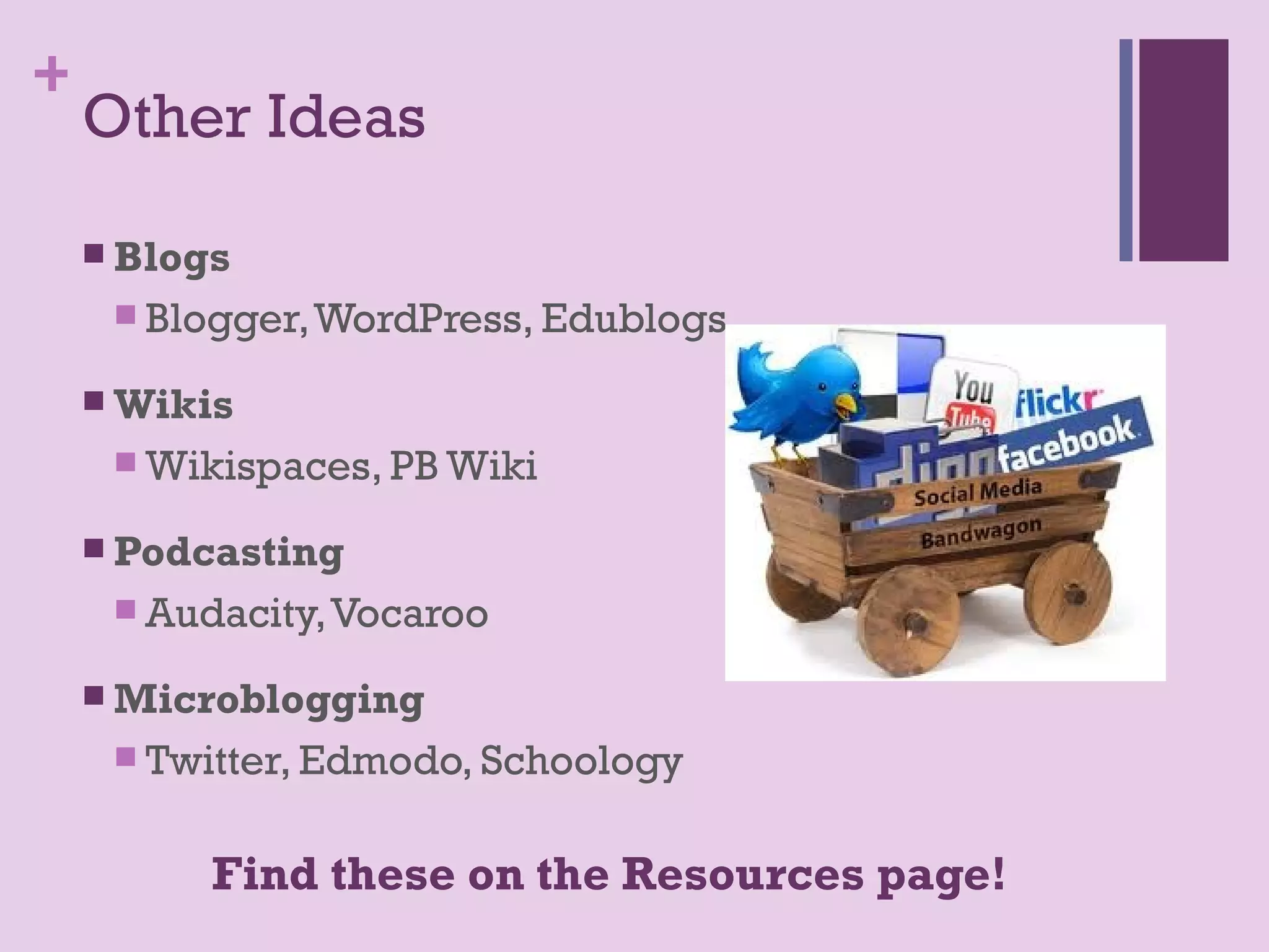 +
    Other Ideas

     Blogs
      Blogger, WordPress, Edublogs

     Wikis
      Wikispaces, PB Wiki

     Podcasting
      Audacity, Vocaroo

     Microblogging
      Twitter, Edmodo, Schoology


          Find these on the Resources page!
 