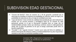 SUBDIVISION EDAD GESTACIONAL
Cenetect GPC, Diagnostico y tratamiento de
la ruptura de membrana en pretermino,
Sedena 2009
 