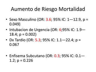 Aumento de Riesgo Mortalidad
• Sexo Masculino (OR: 3.6; 95% IC: 1—12.9, p =
0.049)
• Intubacion de Urgencia (OR: 6;95% IC: 1.9—
18.4; p = 0.002)
• Dx Tardio (OR: 5.3; 95% IC: 1.1—22.4; p =
0.067
• Enfisema Subcutano (OR: 0.3; 95% IC: 0.1—
1.2; p = 0.226
 