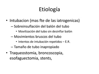 Etiología
• Intubacion (mas fte de las iatrogenicas)
– Sobreinsuflación del balón del tubo
• Movilización del tubo sin desinflar balón
– Movimientos bruscos del tubo
• Intentos de intubación repetidos – E.R.
– Tamaño de tubo inapropiado
• Traqueostomia, broncoscopia,
esofaguectomia, stents,
 
