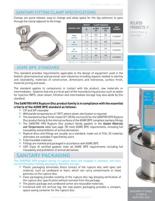 P E R F O R M A N C E U N D E R P R E S S U R E
®
H P X P R O D U C T FA M I LY / / PA G E 2 1
RELATED
PRODUCTS //
INDUSTRIAL &
SANITARY
SANITARY FITTINGS,
CLAMP &
RUPTURE DISC
The SANITRX HPX product family of rupture discs are shipped in sanitary, non-toxic
environmentally-friendly packaging. Benefits include:
	Plastic packaging eliminates direct contact of the rupture disc with open cell
material, such as cardboard or foam, which can carry contaminants or leave
particles on the rupture disc.
	Clear packaging provides visibility of the rupture disc tag allowing verification of
the rupture disc specification without removal from the package.
	The plastic package and cardboard carton are recyclable materials.
	Combined with the vertical tag, the new plastic packaging provides a compact,
space saving container for the rupture disc.
This standard provides requirements applicable to the design of equipment used in the
biotech, pharmaceutical and personal care industries including aspects related to sterility
and cleanability, materials of construction, dimensions and tolerances, surface finish,
material joining and seals.
The standard applies to components in contact with the product, raw materials or
intermediates. Systems that are a critical part of the manufacturing process such as water
for injection (WFI), clean steam, filtration and intermediate storage may also abide by this
standard.
The SANITRX HPX Rupture Disc product family is in compliance with the essential
criteria of the ASME BPE standard as follows:
	 CIP and SIP cleanable
	 Withstands temperatures of 130°C where steam sterilization is required
	The standard surface finish meets SF1 (20 Ra microinch) for the SANITRX HPX Rupture
Disc product family & the internal surfaces of the ASME BPE compliant sanitary fittings
	The SANITRX HPX Rupture Disc product family gaskets in the Gasket Materials
and Temperatures table (see page 18) meet ASME BPE requirements, including full
traceability and prohibition of animal derivatives
	 Rupture discs and fittings are usually, as a standard, made out of 316L SS material;
alternates are available if specified by users
	 Fully traceable materials
	 Fittings are marked and packaged in accordance with ASME BPE
	 USP Class VI certified gaskets meet all ASME BPE requirements including full
traceability and prohibition of animal derivatives
SANITARY PACKAGING
ASME BPE STANDARD
NOMINAL SIZE
WEIGHT CLAMP MAXIMUM
PART
NUMBERlbs
kg
@ 70ºF
psig
barg
@ 250ºF
psig
barg
*1½"
40 mm
0.62 500 300
013560051
0,28 34,5 20,7
2"
50 mm
0.73 450 300
013600051
0,33 31,0 20,7
3"
80 mm
1.0 350 195
013620051
0,45 24,1 13,4
4"
100 mm
1.1 300 150
013700051
0,50 20,7 10,3
SANITARY FITTING CLAMP SPECIFICATIONS
* Use 1 ½" (40mm) clamp for 1" (25mm) connection
Clamps are quick-release, easy to change and allow space for the tag extension to pass
through the clamp adjacent to the hinge.
 