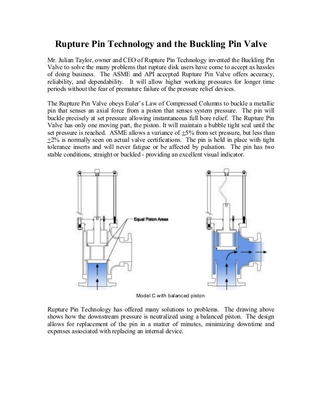 Rupture pin technology and the buckling pin valve