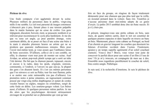Pêcheur de rêve
Une foule compacte s’est agglutinée devant la scène.
Plusieurs milliers de personnes dans le public, vingt-cinq
mille il me semble. Le ciel rosé parsemé de nuages cotonneux
s’obscurcit peu à peu, faisant place à une tension palpable
dans la marée humaine qui ne cesse de croître. Les gens
trépignent, discutent, boivent, rient, se poussent, tombent et se
relèvent pour recommencer le cycle plus hardiment. Je me dis
que vu sous cet angle, ça peut paraître étrange, voire
carrément débile, de se poser en face d’une scène une bière à
la main à attendre plusieurs heures un artiste qui ne se
produira que quarante malheureuses minutes. Mais pour
l’avoir moi-même testé, je vous assure que l’ambiance laisse
de bons souvenirs. D’ailleurs, celle-ci est à son comble, en
effet, le chanteur vient tout juste de monter sur scène. Asaf
Avidan, un artiste pop-rock plutôt sympa qui a sorti un tube
l’été dernier. Du fait que la chanson passait, repassait, encore
et encore à la radio, dans les ipods, originale, remixée,
commentée, à l’endroit, à l’envers ou que sais-je, la plupart
des gens s’en disaient lassés. Et c’est ces mêmes personnes
que l’on retrouve ce soir au Paléo, tout feu tout flamme, prêts
à se mettre une cuite mémorable (ou pas d’ailleurs). Les
premières notes à peine entamées, un rugissement commun
poussé par vingt-cinq milles diaphragmes et autant de cordes
vocales basses ou aigües, rauques ou cristallines, surgit de
cette foule en délire. Les soutiens-gorges volent. Les bières
aussi, d’ailleurs. Et quelques personnes même parfois. Je me
dis alors que les psychologues devraient sérieusement
envisager de se pencher sur ce phénomène qui veut qu’une

53

fois en face du groupe, on réagisse de façon totalement
démesurée pour une chanson que pas plus tard que la veille,
on écoutait peinard dans la voiture. Sans rire. Toutefois je
n’accuse personne étant moi-même adepte de ce genre
d’excès. Le paléo 2013 semblait donc être un franc succès. Et
je n’y étais pas.
À présent, imaginez-vous une petite cabane en bois, sans
murs, de quatre mètres carrés, dont le toit est constitué de
quelques poutres espacées et dans laquelle on trouve un banc
en bois. Maintenant, placez cette cabane au Portugal, au bord
d’un chemin en gravier longeant les courbes que dessinent les
falaises d’extrême occident dans l’océan. Finalement,
ajoutez-y un temps superbe agrémenté d’un soleil couchant
cramoisi. Vous-y êtes ? Bravo, vous venez tout juste de
concevoir le parfait décor pour une scène d’un film à l’eau de
rose ! Et je m’y trouvais, en compagnie de mon sac à dos.
Ensemble nous regardions paisiblement le coucher de soleil,
bras contre sangle. Pathétique.
Je suis seul, à la recherche d’émotions. Je suis le pêcheur de
rêve.

54

 