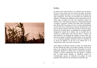 Da Roca
Le bistrot de la Caba da Roca n’a vraiment rien de spécial.
Divisé en deux pièces par une cloison de plâtre qui devait
autrefois compter une porte, sa vue se perd sur les dunes des
côtes portugaises. Aux murs est accrochée une collection de
tableaux à l’aquarelle de différents styles représentant tous le
même sujet : le phare d’à côté. Ses capacités à attirer les
touristes, tel le miel attire les fourmis, ne sont désormais plus
à remettre en question. Affalé à une table collée à la fenêtre,
mon fatras étalé tout autour de moi, je sirote tranquillement
un bon café tout en observant une fourmi téméraire qui s’est
mise en tête de ramener chez elle une pauvre miette de chips,
devant tout de même peser le quintuple de son propre poids.
Longeant le rebord de la fenêtre, rien ne semble être en
mesure de l’arrêter dans cette mission divine : ramener de
quoi subsister à la dirigeante du royaume, la reine donc, qui
soit dit en passant ne glande pas grand-chose de ses journées
si ce n’est pondre quelques centaines d’œufs et s’empiffrer de
ce qu’on lui apporte. Je me dis à cet instant que si la
réincarnation existe, mon choix est tout fait.
Tout soudain, un homme renverse sa bière, me sortant illico
de mes histoires de chips et de fourmis. Étrange, une fois de
plus je me surprends à réagir de façon démesurée à un bruit
surprenant reculant ma chaise dans un grincement strident.
Comme si j’étais constamment sur mes gardes. L’incident
clos, la Super Bock épongée, le maladroit resservi et
l’entomologue rassuré, je reprends une gorgée de mon
deuxième café tiède tout en me passant la main dans mes

55

56

 