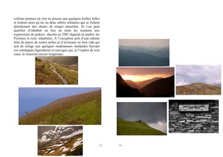 collines pentues où rien ne pousse que quelques herbes folles
et lichens ainsi qu’un ou deux arbres solitaires qui se fichent
éperdument des chutes de neiges annuelles. Si l’on peut
qualifier d’inhabité un lieu où seuls les moutons aux
expressions de junkies shootés au THC règnent en maître, les
Pyrénées le sont, inhabitées. À l’exception près d’une cabane
faite de pierre de toutes tailles et d’écriteaux en bois ridé qui
sert de refuge aux quelques randonneurs intrépides bravant
ces montagnes légendaires et sauvages qui, je l’espère de tout
cœur, le resteront encore longtemps.

Barcelone

Barcelone

85

86

 