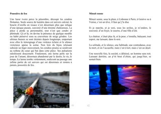 Poussière de feu

Minuit sonne

Une lueur ivoire perce la pénombre, découpe les cendres
flottantes. Seule source de lumière dans cet univers calciné, la
boucle d’oreille en rosace n’est désormais plus que relique
d’une époque passée, souvenir d’une étreinte chaleureuse, La
pièce a perdu sa personnalité, tout n’est que cendre et
plénitude. Çà et là, on devine la présence de quelque meuble
ou habit préservé sous sa couverture de neige grisâtre. Les
ultimes braises se sont éteintes depuis longtemps, emportant
avec elles le témoignage d’une violence éclaire et le silence
victorieux apaise la scène. Non loin du bijou reluisant
subsiste un léger mouvement, les cendres posées se soulèvent
au rythme du cœur qui bat dans cette pièce. Ses pulsations
ralentissent doucement. Finalement, une larme perle sur la
joue de l’amant, désormais abandonné par le destin, la vie, le
temps. La larme tombe violemment, soulevant au passage une
infime partie de cet univers qui est désormais et restera à
jamais, poussière de feu.

Minuit sonne, sous la pluie, à Lisbonne à Paris, à Genève ou à
Venise, c’est un rêve, il faut qu’j’le dise

11

Et je marche, et je sors, sous les arches, je m’endors, le
souvenir, d’un foyer, le sourire, d’une fille d’été.
La chaleur, n’était plus là, et la peur, s’installa, balayant, tout
espoir, me laissant, dans le noir.
La solitude, et le silence, une habitude, une contredanse, avec
la mort, et on l’accueille, mais c’est à tort, mais c’est un deuil.
Une nouvelle fois, la société, a délaissé, un homme sans toit.
Laissant derrière, un p’tit bout d’chien, qui jusqu’hier, se
sentait bien.

12

 