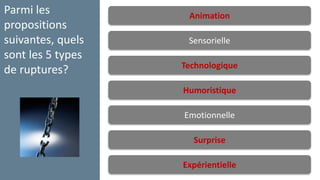 Parmi les 
propositions 
suivantes, quels 
sont les 5 types 
de ruptures? 
Animation 
Sensorielle 
Technologique 
Humoristique 
Emotionnelle 
Surprise 
Expérientielle 
 