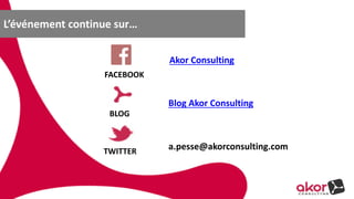 L’événement continue sur… 
BLOG 
TWITTER 
Blog Akor Consulting 
a.pesse@akorconsulting.com 
FACEBOOK 
Akor Consulting 
