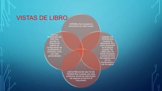 VISTAS DE LIBRO
NORMAL Nos muestra el
documento en vista normal
DISEÑO DE
PAGINA Nos
muestra el
documento tal y
como aparecerá
en la pagina
impresa. Se
utiliza para ver
donde empiezan
y donde termina
las paginas para
ver los
encabezados y
pie de pagina
VISTA PREVIA DE SALTO DE
PAGINA Nos muestra una vista
preliminar donde se interrumpen
las paginas al imprimir el
documento
VISTAS
PERSONALIZA
DAS Nos
guarda un
conjunto de
valores de
configuración de
presentación e
impresión como
una vista
personalizada
 