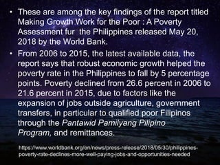 • These are among the key findings of the report titled
Making Growth Work for the Poor : A Poverty
Assessment fur the Philippines released May 20,
2018 by the World Bank.
• From 2006 to 2015, the latest available data, the
report says that robust economic growth helped the
poverty rate in the Philippines to fall by 5 percentage
points. Poverty declined from 26.6 percent in 2006 to
21.6 percent in 2015, due to factors like the
expansion of jobs outside agriculture, government
transfers, in particular to qualified poor Filipinos
through the Pantawid Pamilyang Pilipino
Program, and remittances.
https://www.worldbank.org/en/news/press-release/2018/05/30/philippines-
poverty-rate-declines-more-well-paying-jobs-and-opportunities-needed
 