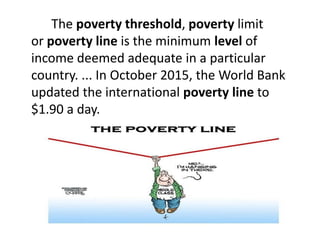 The poverty threshold, poverty limit
or poverty line is the minimum level of
income deemed adequate in a particular
country. ... In October 2015, the World Bank
updated the international poverty line to
$1.90 a day.
 