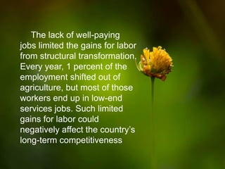 The lack of well-paying
jobs limited the gains for labor
from structural transformation.
Every year, 1 percent of the
employment shifted out of
agriculture, but most of those
workers end up in low-end
services jobs. Such limited
gains for labor could
negatively affect the country’s
long-term competitiveness
 
