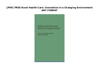 [PDF] FREE Rural Health Care: Innovation in a Changing Environment
ANY FORMAT
Free Rural Health Care: Innovation in a Changing Environment This volume presents a comprehensive overview of the current rural health environment by sorting topics into coverage of the demand for rural health, the supply of resources (facilities and personnel), the broad application of technology, and the roles of government policies and rural sociology. A major purpose is to guide those involved in decision making and planning to insure continued provision of health care for rural residents. A unique feature is the integration of innovative approaches throughout the work there is a recognition that several rural institutions are undergoing transition and that fresh approaches are critical.This work will be of interest to scholars, policy-makers, and practitioners in rural health care, health care facilities, and health care management.
 