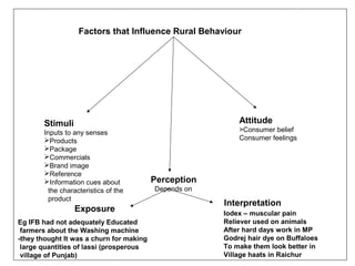 Factors that Influence Rural Behaviour




       Stimuli                                             Attitude
       Inputs to any senses                                >Consumer belief
       Products                                           Consumer feelings
       Package
       Commercials
       Brand image
       Reference
       Information cues about            Perception
         the characteristics of the       Depends on
         product
                                                       Interpretation
                 Exposure                              Iodex – muscular pain
Eg IFB had not adequately Educated                     Reliever used on animals
 farmers about the Washing machine                     After hard days work in MP
-they thought It was a churn for making                Godrej hair dye on Buffaloes
 large quantities of lassi (prosperous                 To make them look better in
 village of Punjab)                                    Village haats in Raichur
 
