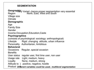 SEGMENTATION

Geographic: Varied –hence proper segmentation very essential
          Very
Region              North, East, West and South
Village size
Climate
Demographic
Age
Family Size
Gender
Income,Occupation,Education,Caste
Psychographics
(consists of psychological: sociology: anthropological)
Lifestyle      Rigid ,changing attitude, urban influence
Personality Authoritarian, Ambitious
Behavioral
Occasions Regular, special occasion
Benefits
User status regular user, first time user, non user
Usage rate Light, medium, heavy
Loyalty        None, medium, strong
Attitude to ) positive, negative, hostile
Product Different variables could be used.. multilevel segmentation
             )
 
