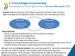 4. From linkages to partnership
The example of urban agriculture in Rennes Métropole (RM)
Context: political choice for “ville archipel” (agriculture between urban centres)
Tool: Local Agricultural Programme within a Common inter-municipal plan (SCoT)
Rural areas
- Ecosystem services
- Niche food products
- Landscape
- Quality of life
Urban areas
- Advanced services
- Access to large
market
- Diversification
Meta-objectives:
- Set-up an agricultural observatory to monitor economic dynamics
- Combine planning, land and agriculture
- Strengthen the grove in its multiple roles
- Adapt to the new energy and climate context
- Strengthen the linkages between agriculture and citizens (communication; short circuits
and local identity of products; support agricultural diversification)
RM gave to farmers financial subsidy in two cases: a) support the "agricultural diversification":
(for 20% max of the investment - farm products stores led by farmers groups;
b)Under the program "Breizh bocage" : RM contributes for 100% to the plantation of
hedgerows (mulching, plantations, soil preparation, maintenance during 3 years ).
 
