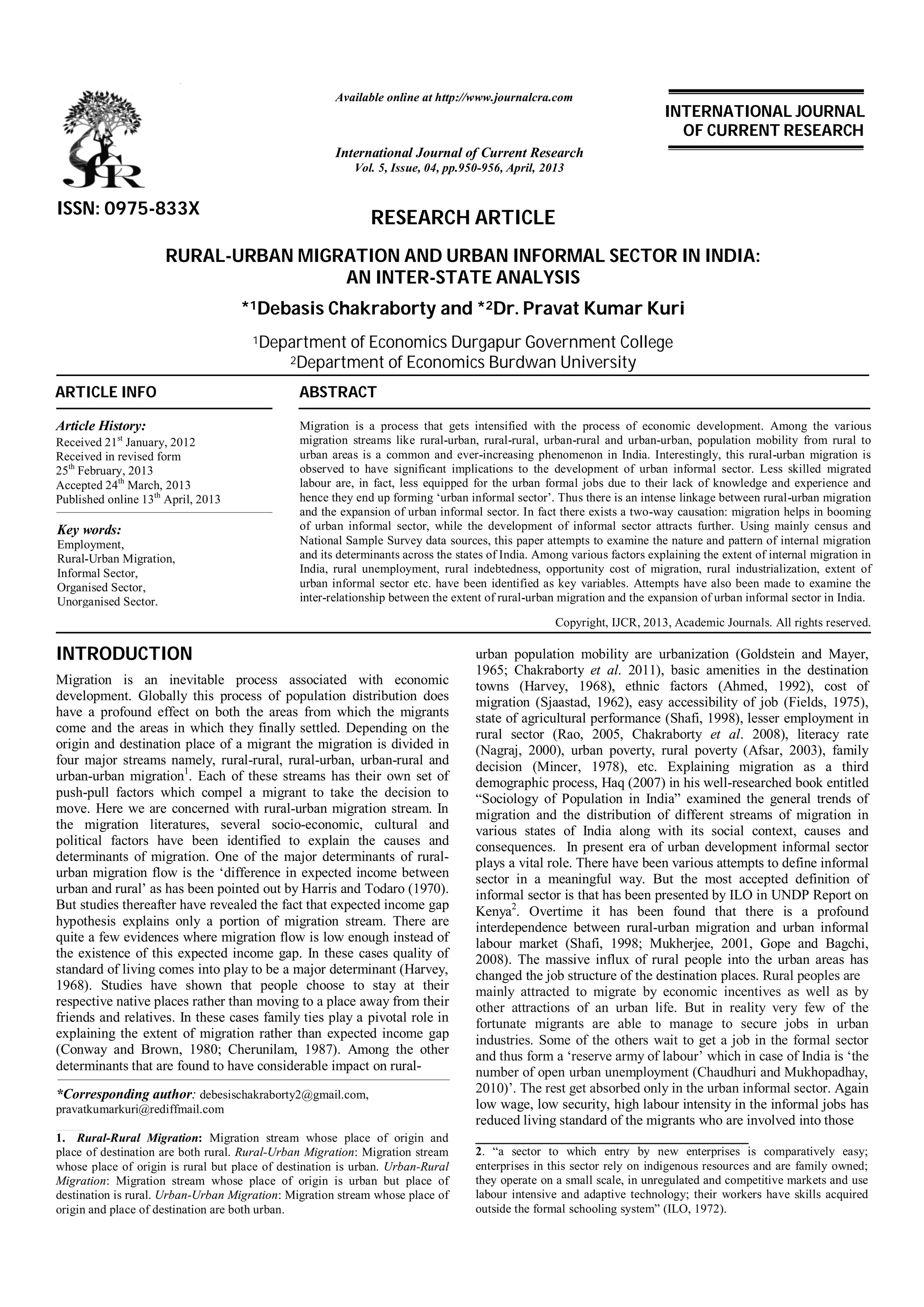 Rural urban migration and urban informal sector in india | PDF