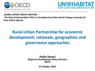 Rural-Urban Partnership for economic
development: rationale, geographies and
governance approaches
Paolo Veneri
Regional Development Policy Division
OECD
27 October 2015
GLOBAL EXPERT GROUP MEETING
The Role of Intermediate Cities in Strengthening Urban-Rural Linkages towards the
New Urban Agenda
 