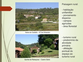 Paisagem rural:
- habitação
unifamiliar
- povoamento
disperso
- campos
agrícolas
- área florestal
- turismo rural
- predomínio da
atividade
primária
- afetação
pontual do
espaço ao
turismo rural
Viana do Castelo – Sª de Orbacém
Quinta da Rabaçosa – Castro Daire
 