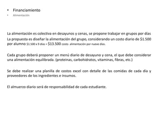 • Financiamiento
• Alimentación
La alimentación es colectiva en desayunos y cenas, se propone trabajar en grupos por días
La propuesta es diseñar la alimentación del grupo, considerando un costo diario de $1.500
por alumno $1.500 x 9 días = $13.500 costo alimentación por nueve días.
Cada grupo deberá proponer un menú diario de desayuno y cena, el que debe considerar
una alimentación equilibrada. (proteinas, carbohidratos, vitaminas, fibras, etc.)
Se debe realizar una planilla de costos excel con detalle de las comidas de cada día y
proveedores de los ingredientes e insumos.
El almuerzo diario será de responsabilidad de cada estudiante.
 