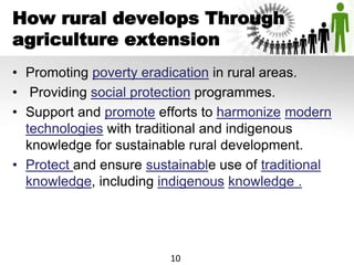 How rural develops Through
agriculture extension
• Promoting poverty eradication in rural areas.
• Providing social protection programmes.
• Support and promote efforts to harmonize modern
technologies with traditional and indigenous
knowledge for sustainable rural development.
• Protect and ensure sustainable use of traditional
knowledge, including indigenous knowledge .
10
 